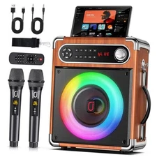  Karaoke Machine, 2 Wireless Microphones, Portable Bluetooth 5.3 PA Wood