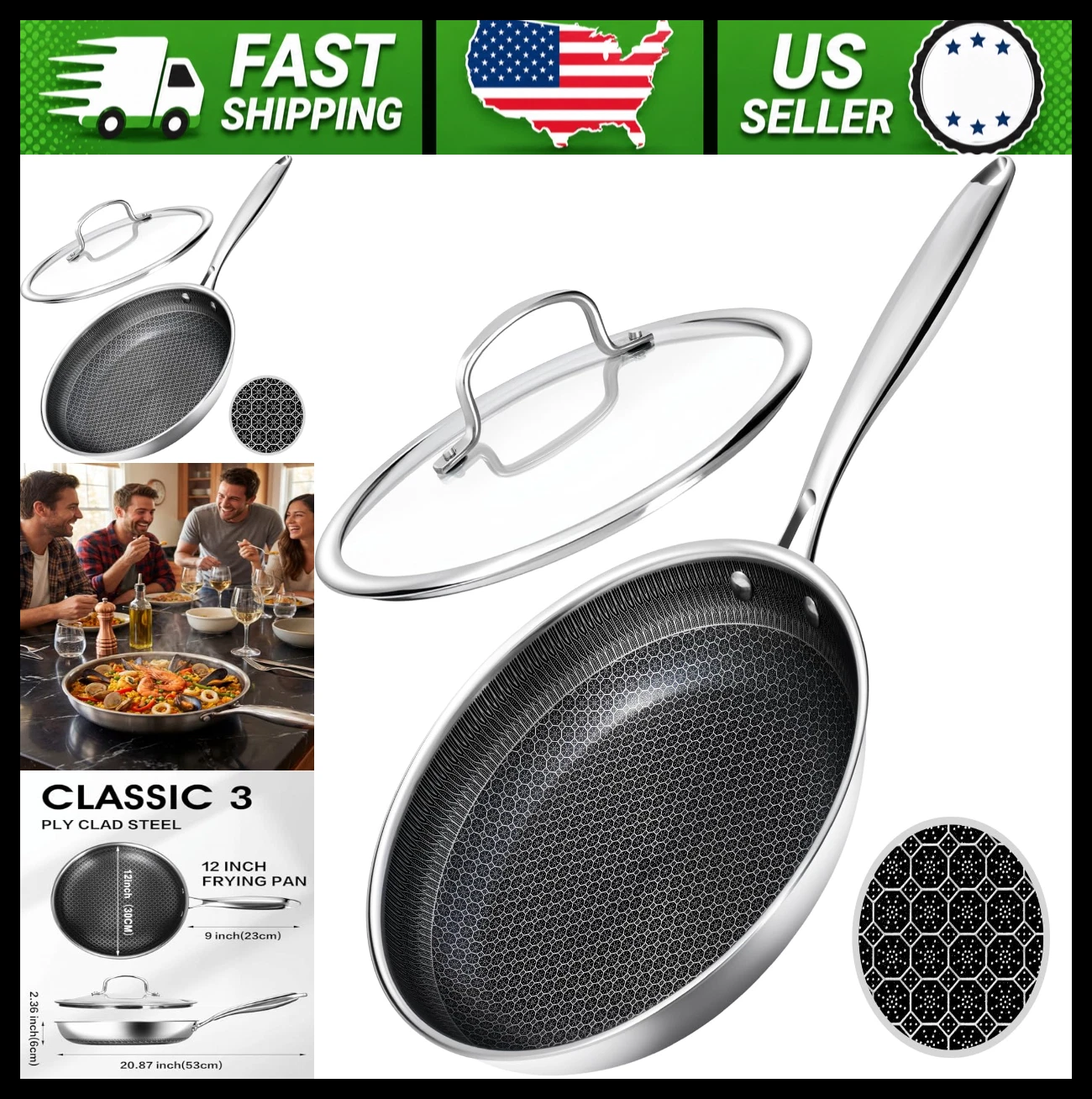 USELUCK 12-Inch Nonstick Frying Pan with Lid, Induction Compatible
