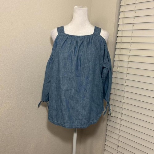 Madewell chambray blouse cold shoulder cotton linen blend 3/4 sleeve top size s - Picture 1 of 6