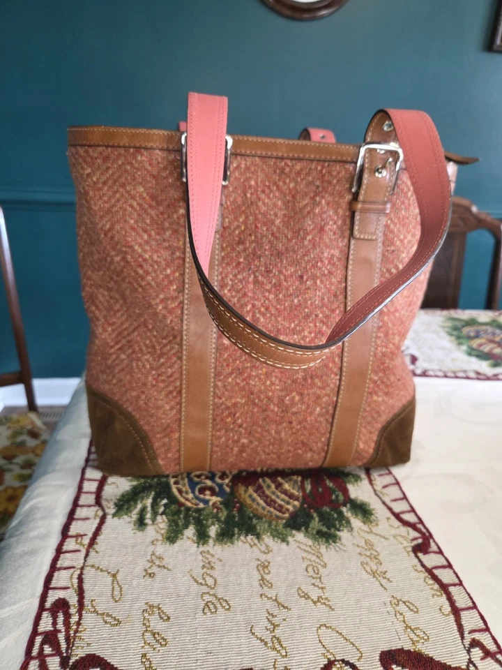 COACH Rare Hampton Tote Bag Tweed Brown Leather Suede Classic - Image 4 of 4
