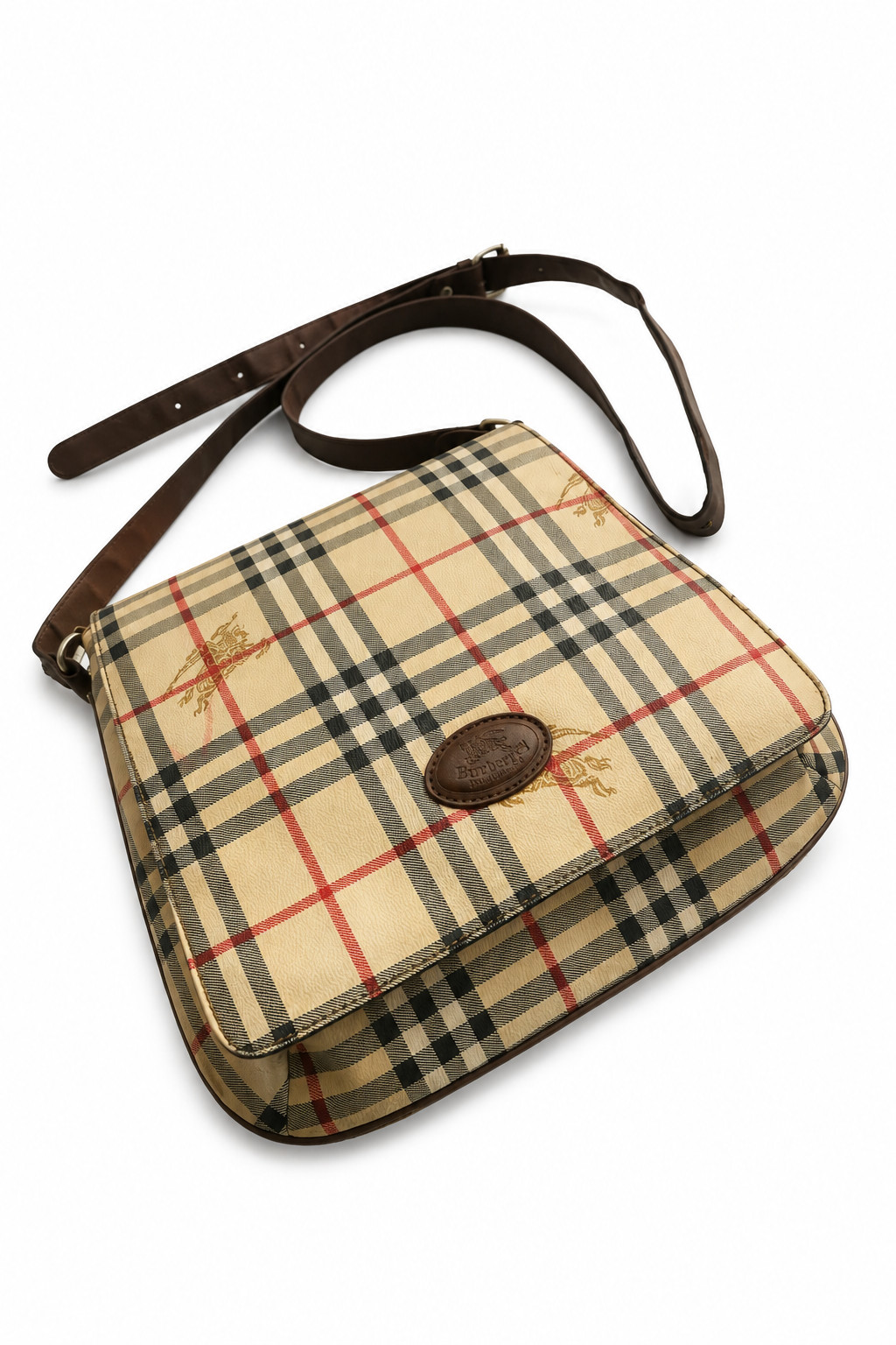 Burberrys Vintage Nova Check Equestrian Knight Crossbody Bag Leather Trim