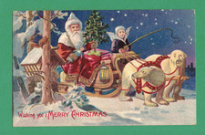 1909 CHRISTMAS POSTCARD SANTA ANGEL SLEIGH PULLED BY POLAR BEARS! TREE SNOW