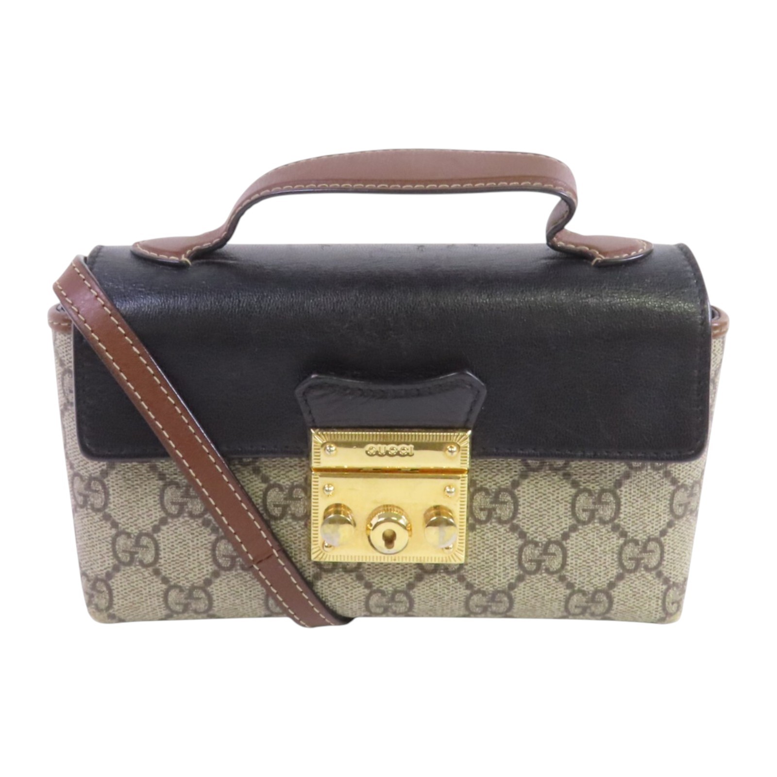 GUCCI GG GHW Lucchetto Mini Borsa a Tracolla a Mano 652683 Tela Rivestita Marrone Nero