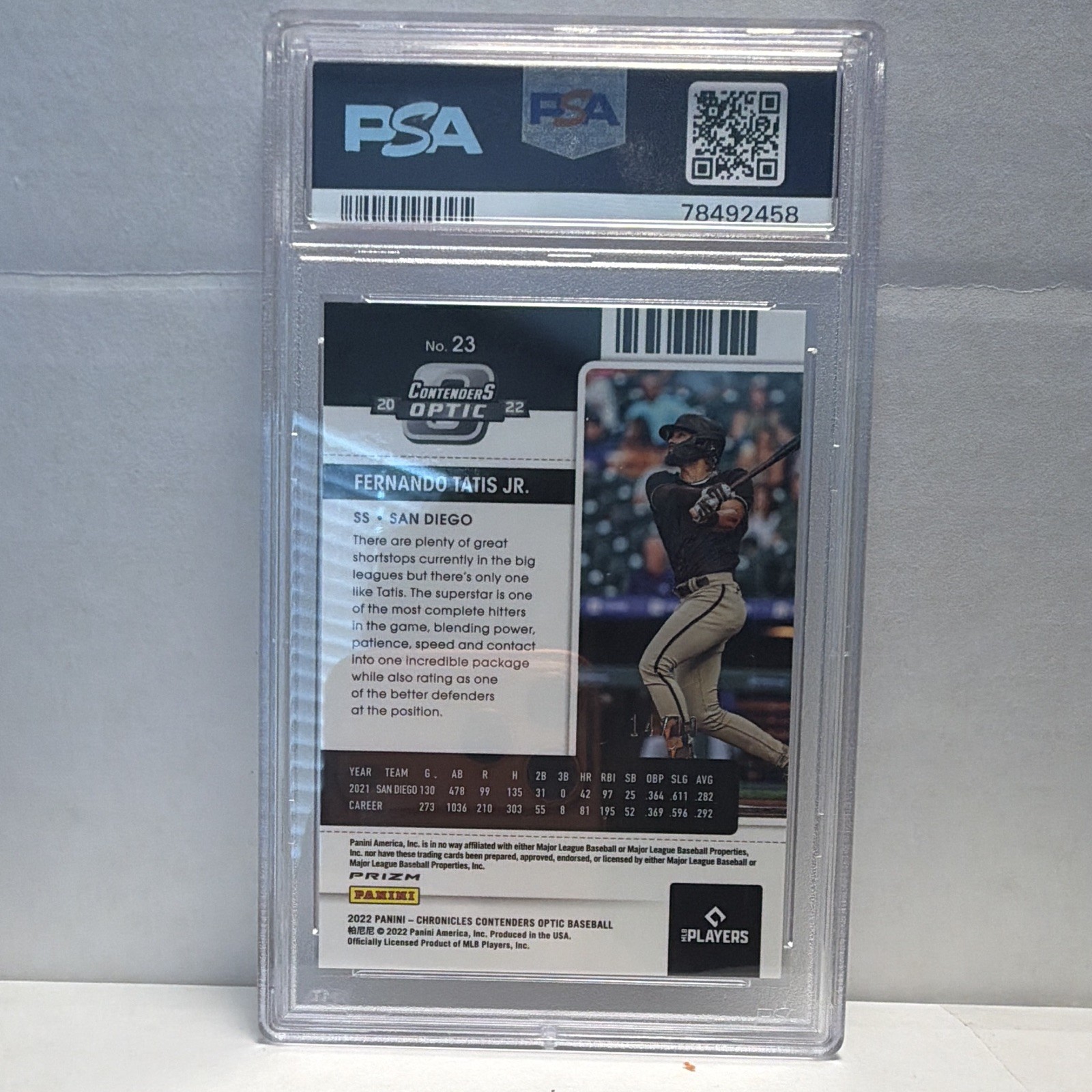 Panini 2022 Chronicles Contenders Optic Fernando Tatis Jr Padres #23 14/19 PSA 7 view 2