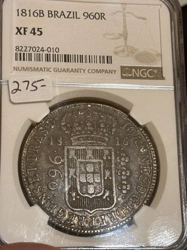 1816-B Brazil Silver 960 Reis NGC XF-45
