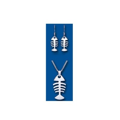 Silver Fishbone Pendant and Earrings Set Solid Sterling Silver 925 16 - 18''