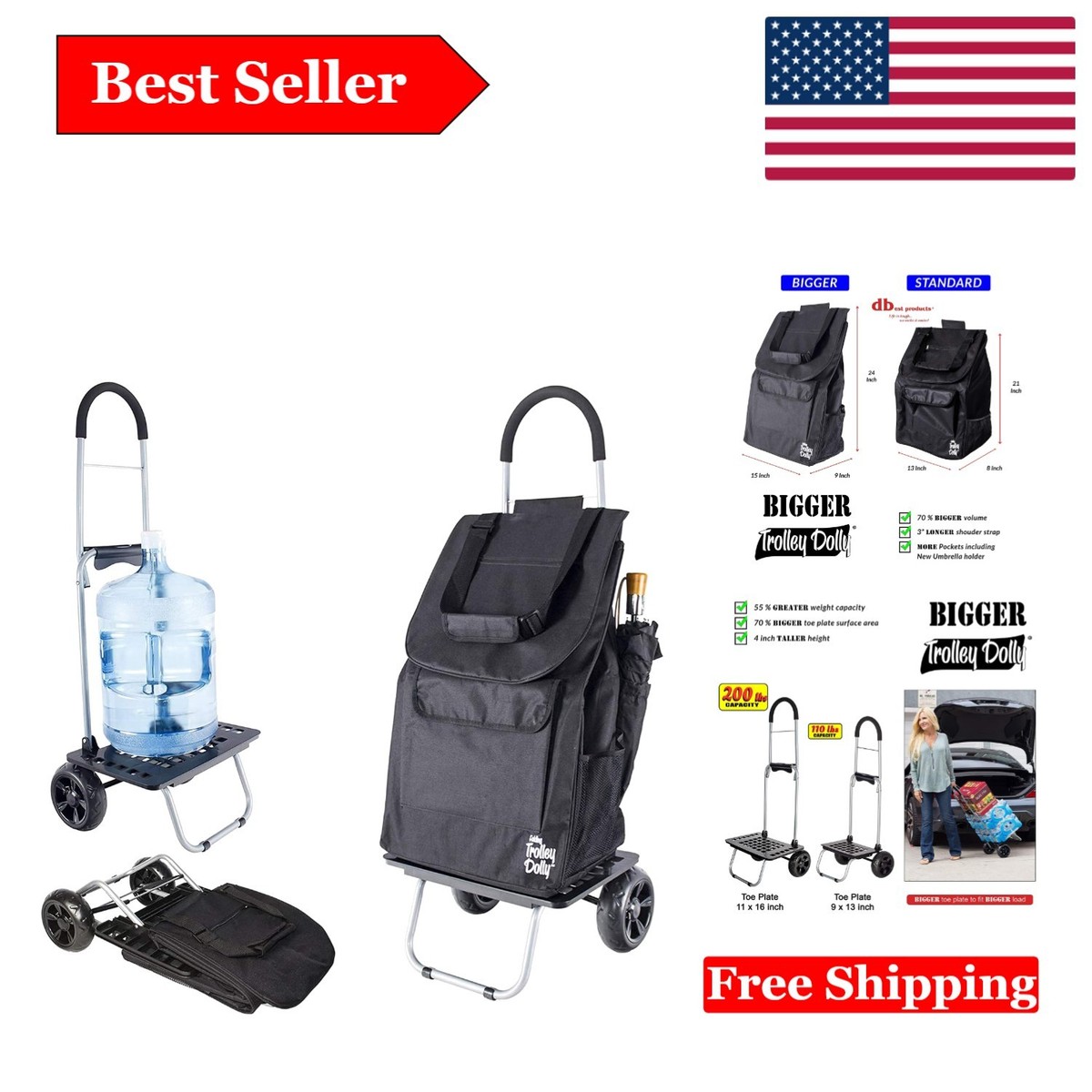 Bigger Trolley Dolly: Black Foldable Shopping & Utility Cart with