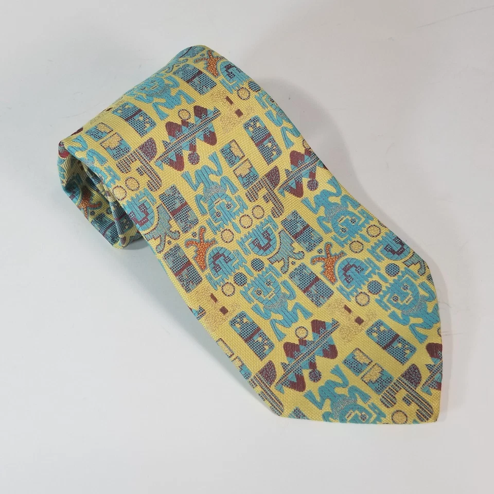 Wembley Tie Vintage 60's 70's Kipper 4" wide yellow blue Brocade Mayan Aztec - Image 2 of 4