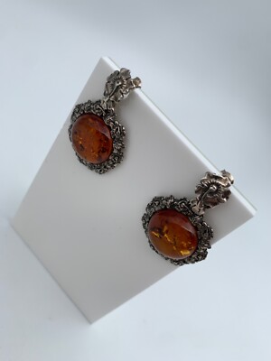 Boucles D'oreilles Anciennes En Argent 925 Avec Ambre - 9 Grammes, Pendantes, Clous, Référence W929