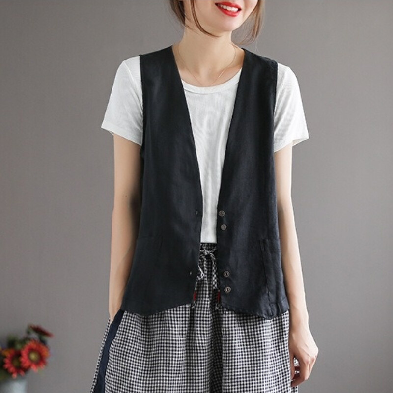 Women Linen Blend Waistcoat V-Neck Vest Button Up Sleeveless Pocket ...