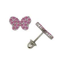 14K White Gold Butterfly Screw Back Stud Earrings w/ Sparkling CZ Birthstones