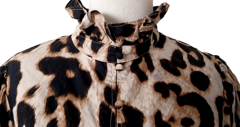 Blusa H&M Estampado Animal Negra/Bronceada Volantes Cuello Simulado Manga Larga Abotonada Mujeres M Foto 4 de 4