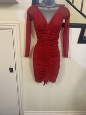 Pretty Little Thing Red Mesh Sleeves Ruched V Neck Dress Size Uk 8 VGC