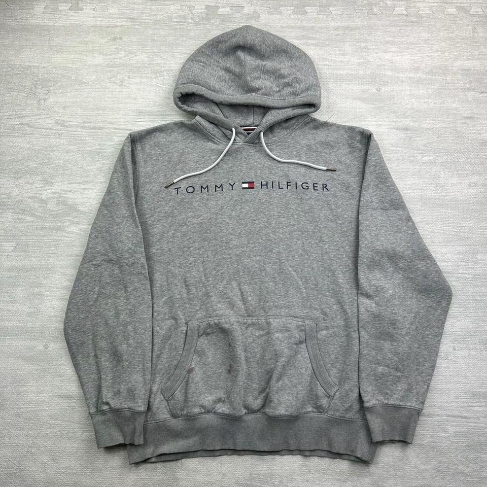 Vintage Y2K Tommy Hilfiger Sweatshirt Mens XL Gray Hoodie Pullover Logo Spellout