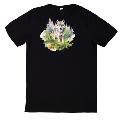 Watercolour Wolf Motif Cotton T-Shirt