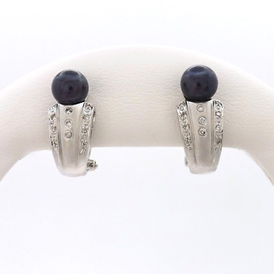 Solid 18k White Gold Black Pearl Natural Diamond Earrings Omega Back Setting