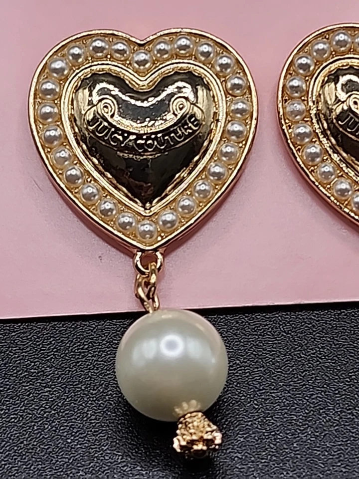 Juicy Couture Gold tone Pearl Heart With Logo Dangle Statement Earrings New - Image 2 of 4