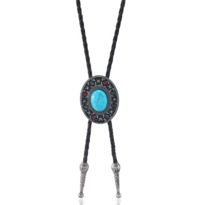 Vintage Turquoise Bolo Tie for Men - Western Cowboy Colored Oval Bola Necktie Re