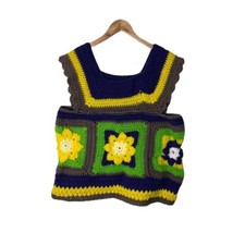 Granny Square Crop Crochet Sweater Handmade Bright Green Purple Crocheted M 2220