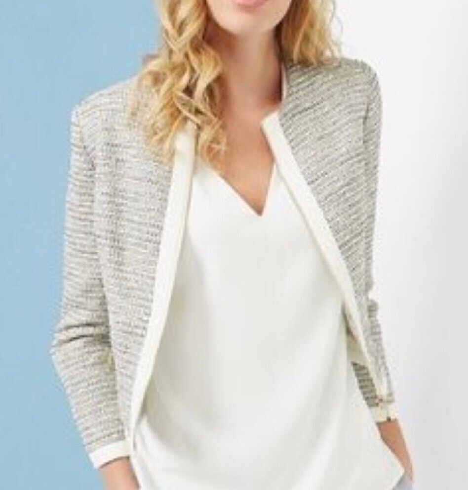 TED BAKER PREYAA IVORY GREY SPARKLE TWEED ZIP FRONT SHORT JACKET