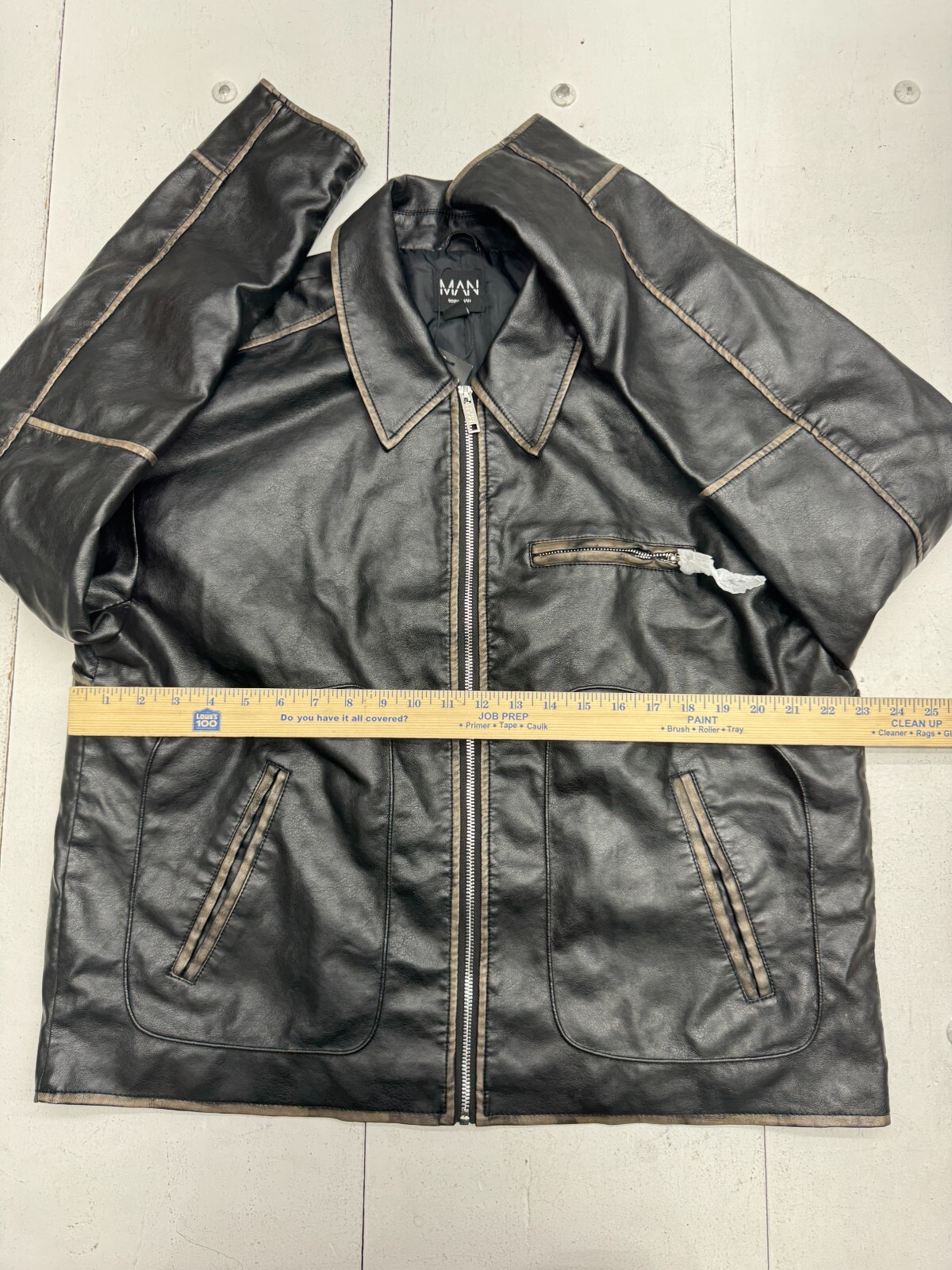 Boohoo Man Black Slim Fit Washed Pu Biker Jacket Mens Size XL