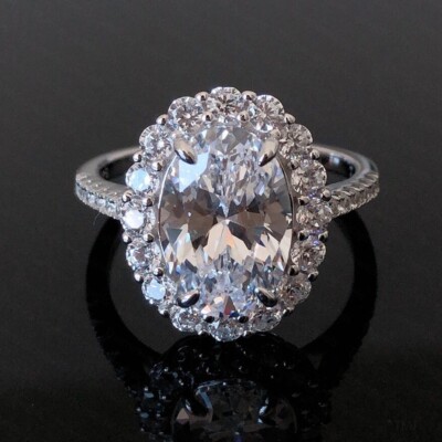 3.86TCW Oval Moissanite Engagement Halo Engagement Ring In 14k White Gold Plated