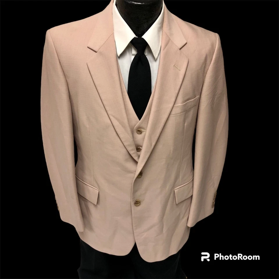 3 peças vintage anos 70 masculino bege texturizado MoD DISCO cafetão BELL BOTTOMS terno colete calças - Imagem 2 de 4