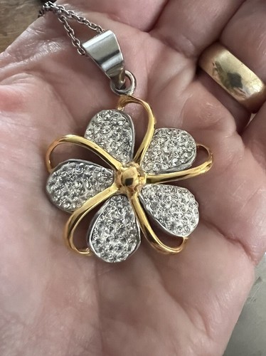 HSN Stainless Steel Necklace & Two Tone Gold Silver Pave Crystal Flower Pendant - Picture 4 of 4