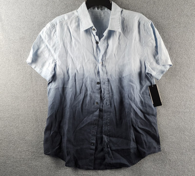 The Men's Store at Bloomingdale's Dip Dye Short Sleeve Linen Shirt S Blue Ombre~