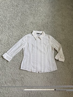 White Zip-Up Jacket by Samuel Dong 3/4 Sleeve Broderie Anglaise Top Sz XL
