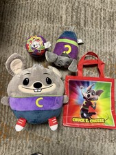 Chuck E Cheese Lote 10” Cutie Beans Peluche 7” Buenas cosas de peluche 4” bola y bolso de mano