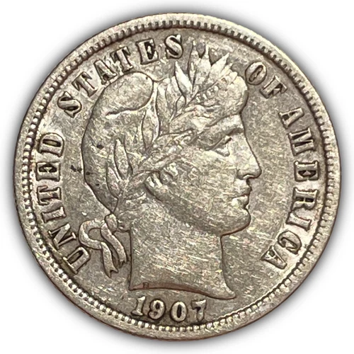 1907 Barber Silver Dime Choice Extremely Fine XF+ Coin, Light Cleaning #24695