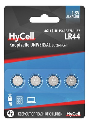 4x HyCell Alkaline Knopfzelle LR44 1,5V, V13GA, LR44/A76, 1516-0024