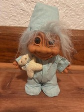Troll Russ Bedtime Troll Boy in Blue Striped Pajamas W Nightcap and Teddy 8  GUC
