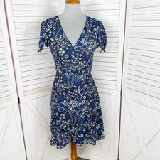 J. Crew Dress Women 0 Blue Floral Faux Wrap Mini Skater Ruffle Trim Short Sleeve