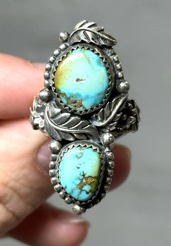 ✨CHEROKEE NATIVE NAVAJO JERRY JOHNSON STERLING DOUBLE NUGGET TURQUOISE RING 8.5✨