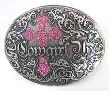 Cowgirl Up Belt Buckle Pink Crystal Cross Western Rodeo Large Fashion Cowboy