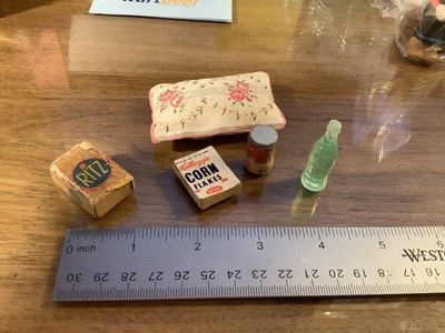 vintage dollhouse pillow, pantry goods coke, corn flakes, soup