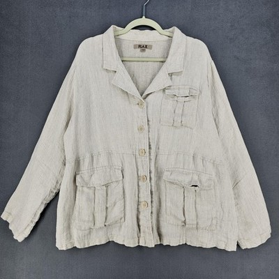Flax Jacket Womens 1G Beige 100% Linen Button Front Utility Pockets Relaxed Fit