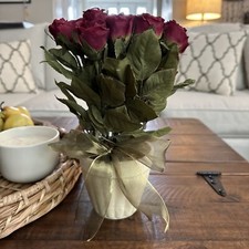 ARTIFICIAL 21 SILK RED ROSE BUDS TIED WITH A BOW IN BEIGE POT