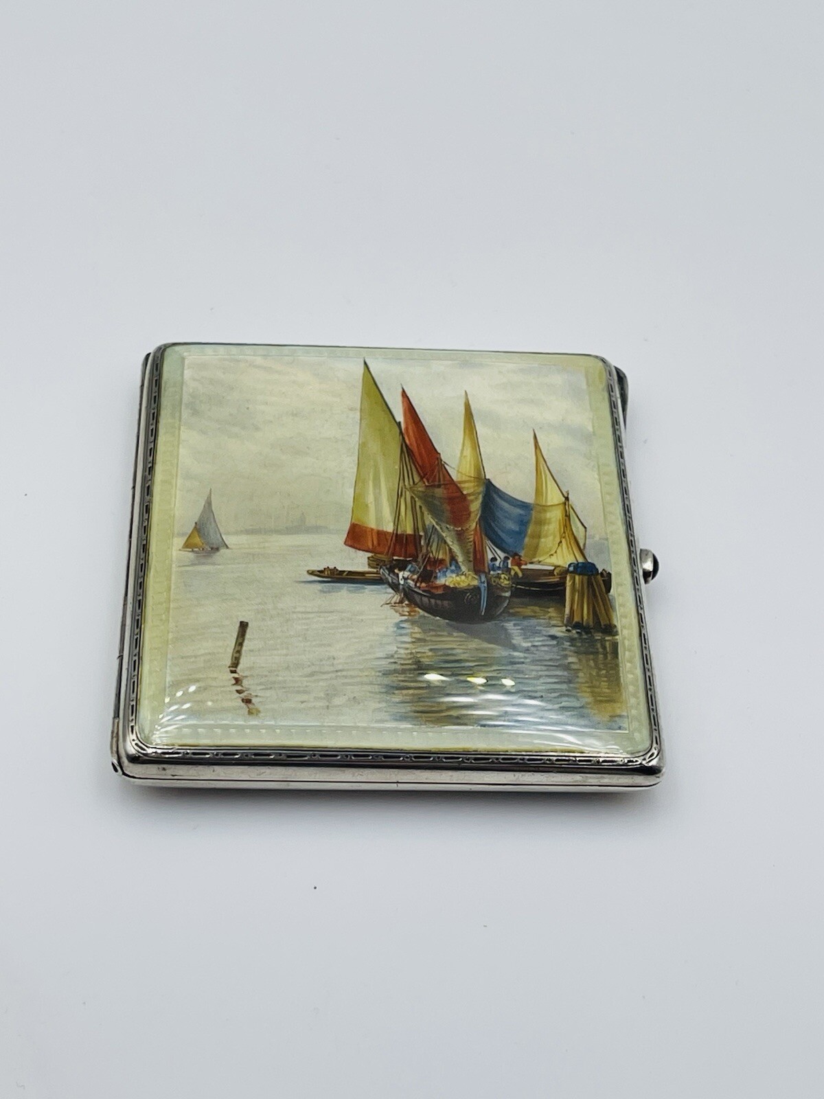 AncienArgentSterling&ÉmailRareVoilierSceneCigaretteÉtui