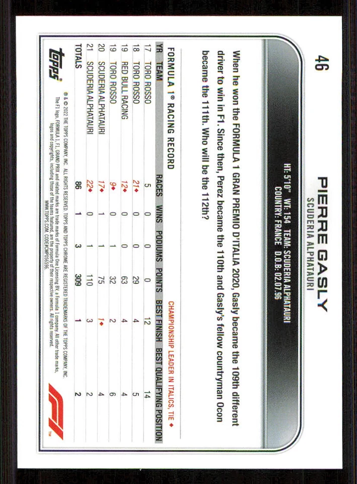 2022 Topps Chrome Formula 1 #46 Pierre Gasly - Image 2 of 2