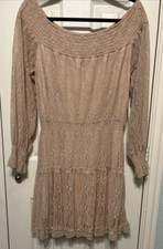 Lulus Biege Lacey Off Shoulder Long Sleeve Lined Boho Dress Size L NWT