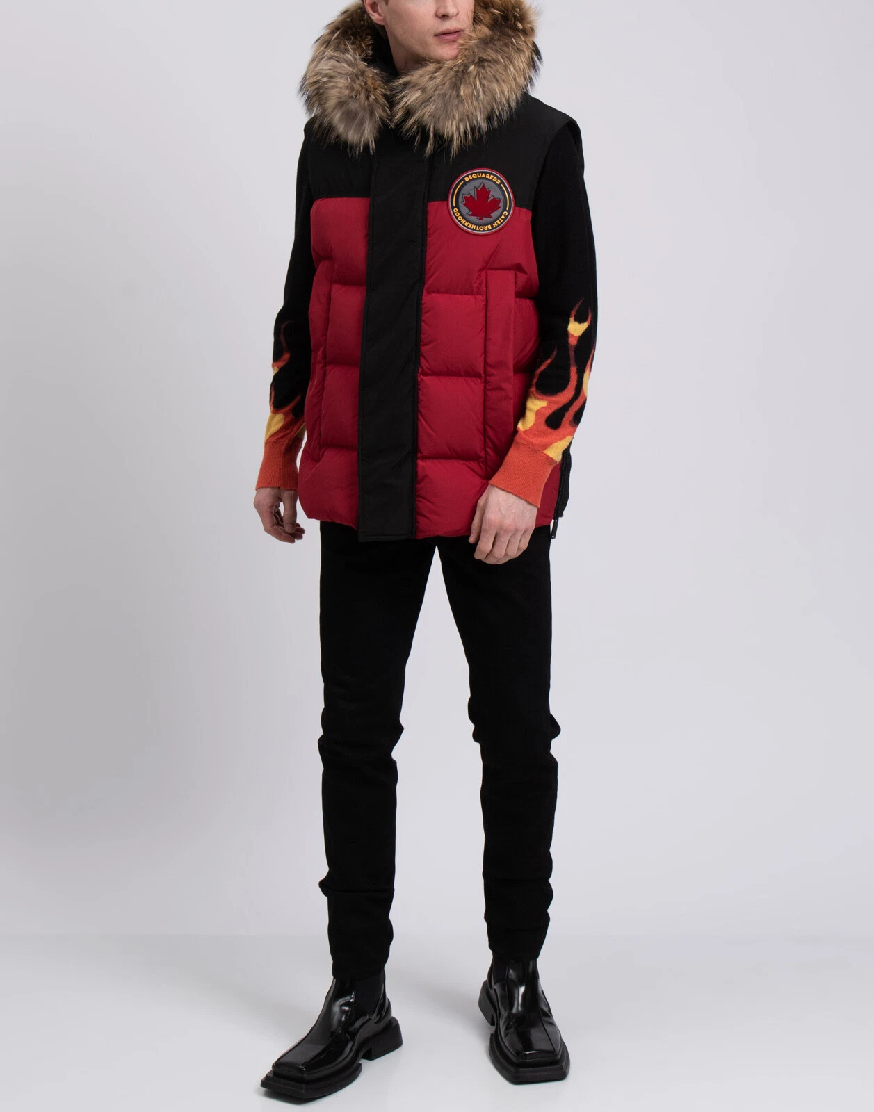 Gilet imbottito DSQUARED2 RRP €1085 IT48 US38 M pelliccia di procione bordo logo con cappuccio