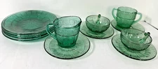 Doric & Pansy Child's Set, Cups Saucers Plates Creamer Sugar PRETTY POLLY GREEN