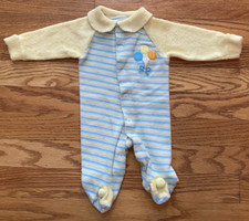Vintage Yellow Blue Striped Balloon Footed Sleeper Jammies Baby Infant Newborn