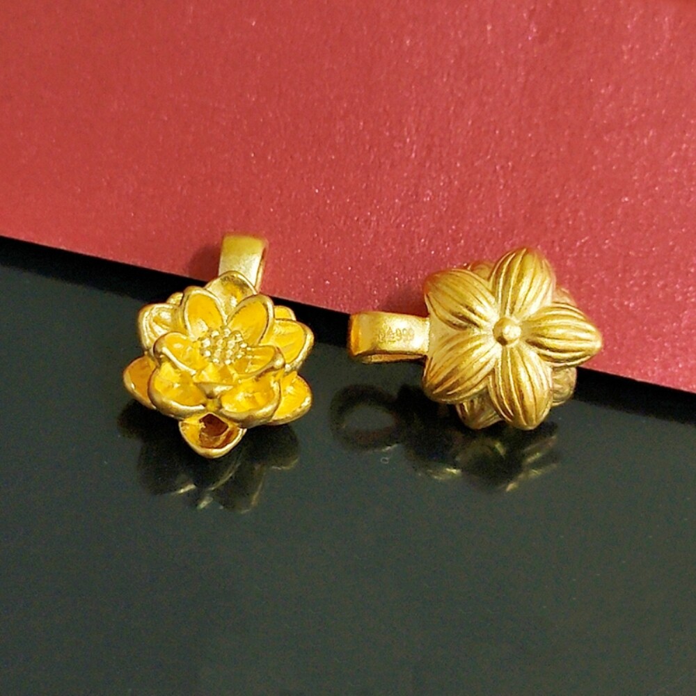 New Real 999 24K Yellow Gold Lucky Lotus Flower Woman Pendant 1PCS