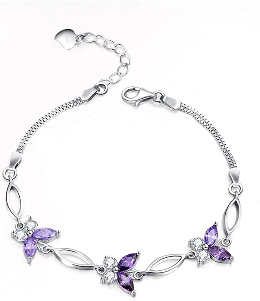 S925 Sterling Silver Purple Butterfly Bracelets for Women,Cute and