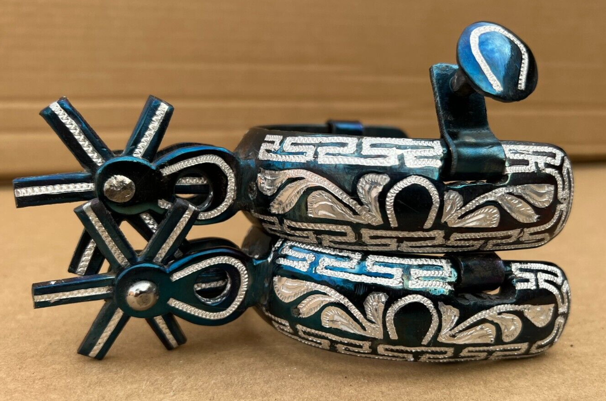 MEXICAN CHARRO BLUE SPURS. ESPUELAS CHARRAS AZULES, SADDLE HORSE 