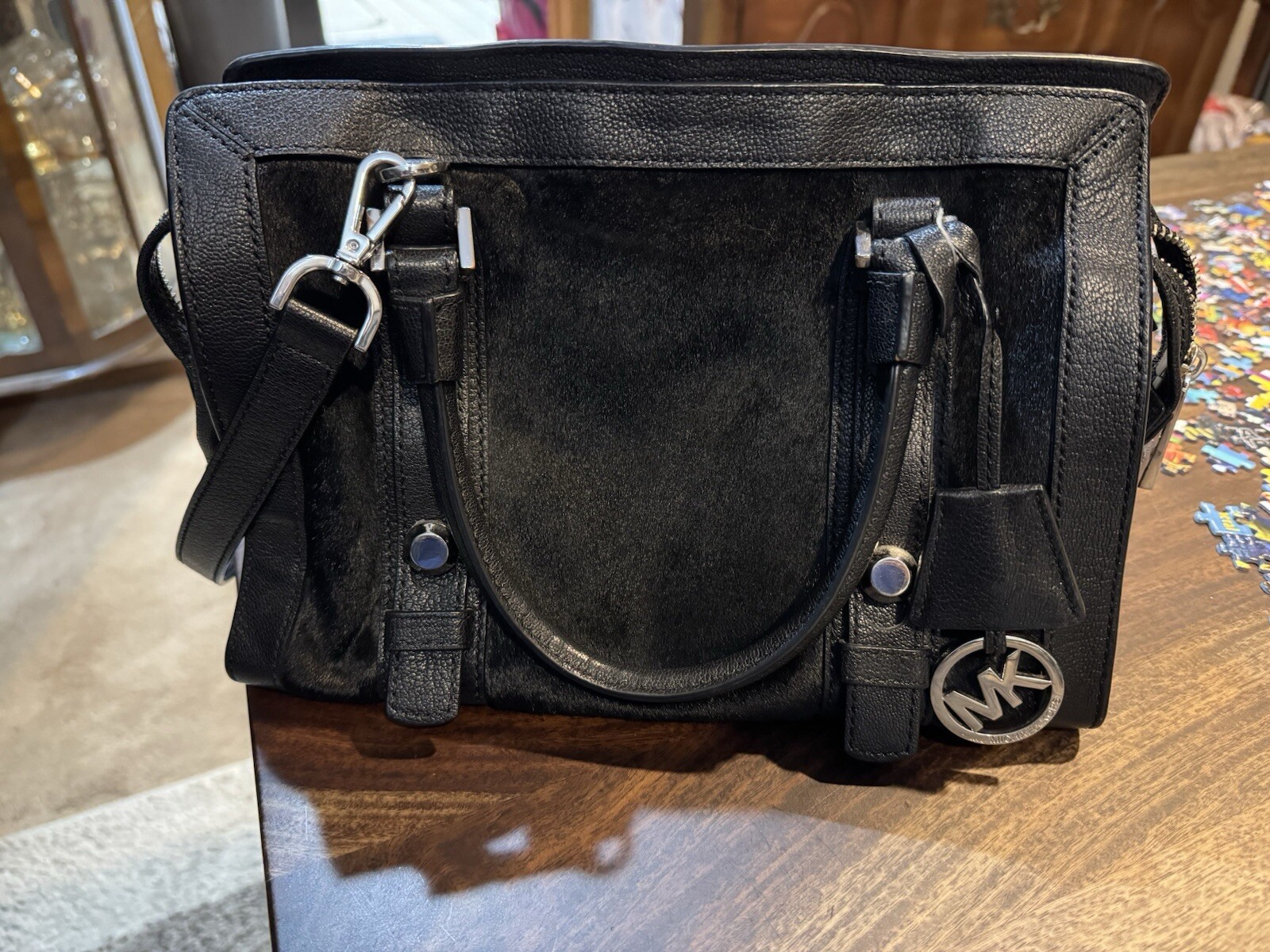 MICHAEL KORS Collins Black Leather Calf Hair Studded Medium Satchel